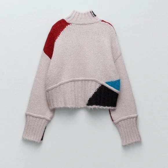 ZARA COLOR BLOCK WOOL BLEND KNIT SWEATER PINK - Picture 7 of 8